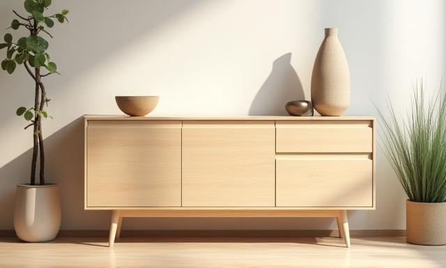 Stylish and minimalist storage unit made from natural wood, blending seamlessly into a desert-inspired room.